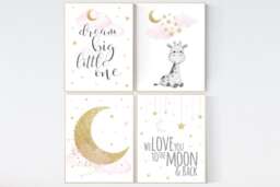 Giraffe Nursery Decor Pink & Gold Moon & Stars Art Print - thumbnail 1