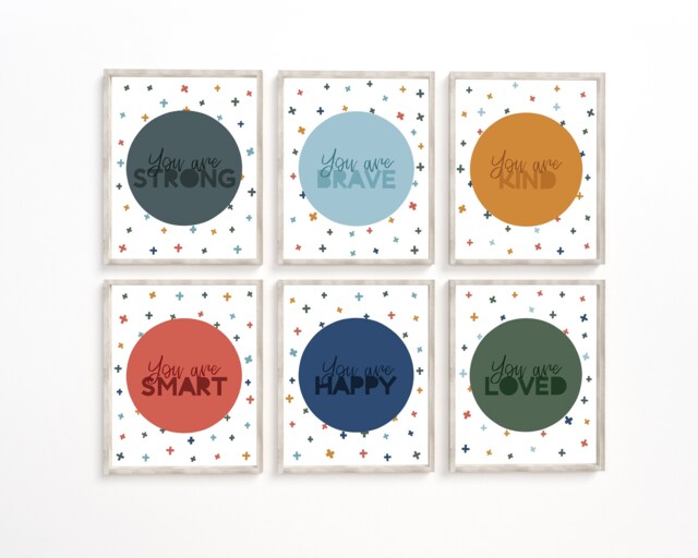 Set Of 6 Boys Bedroom Prints, Affirmation Decor, You Are Loved, Brave, Playroom Wall Art