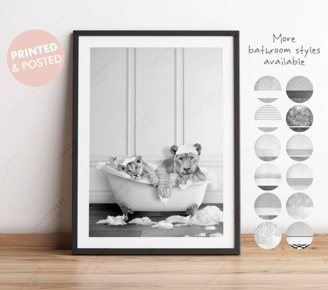 Black & White Lioness With Cub in Bath Tub Print, Lions Bathing, Funny Bathroom Animal Bathtub, Lion Tub, Whimsy - image 1