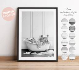 Black & White Lioness With Cub in Bath Tub Print, Lions Bathing, Funny Bathroom Animal Bathtub, Lion Tub, Whimsy - thumbnail 1