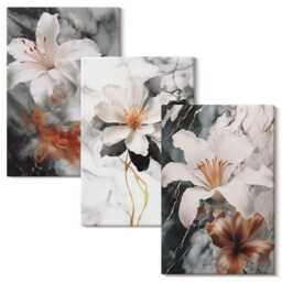 Canvas Wall Art Set Of 3 - Flowers On A Marble Background in Shades White & Black, Gray Print, Plants Decor