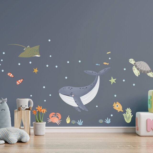 Ocean Wall Decals - Whales, Turtles, Fish, Sea Creatures For Kids Room - Reusable Fabric - image 1