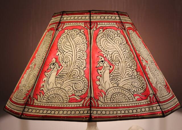 Pink Lampshade With Peacock Design -Handmade Leather-Large Lampshade - image 1