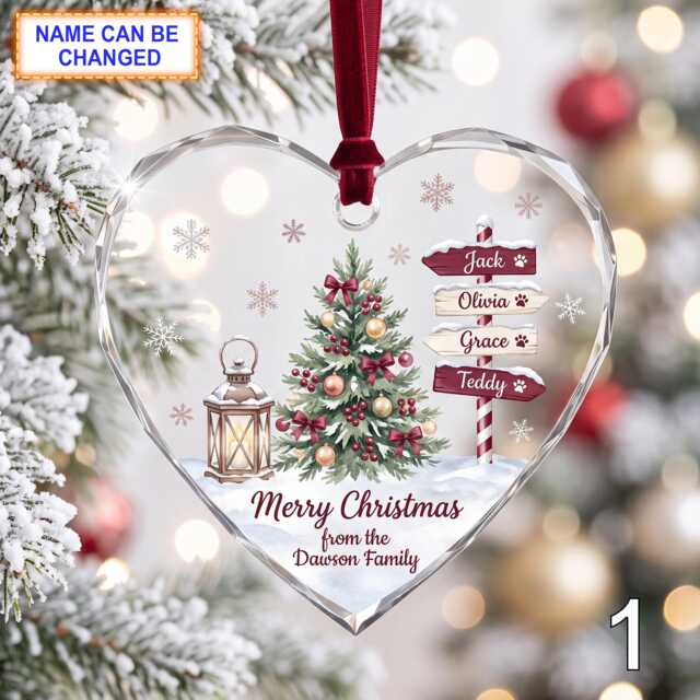 Personalized Christmas Glass Ornament, Custom Holiday Tree Keepsake With Wooden Name Signs, Snowy Evergreen Branches & Festive Decor - image 1