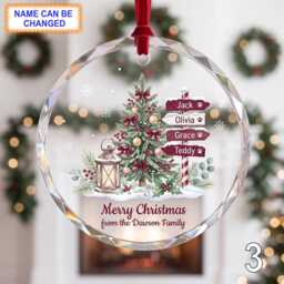 Personalized Christmas Glass Ornament, Custom Holiday Tree Keepsake With Wooden Name Signs, Snowy Evergreen Branches & Festive Decor - thumbnail 3