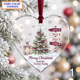 Personalized Christmas Glass Ornament, Custom Holiday Tree Keepsake With Wooden Name Signs, Snowy Evergreen Branches & Festive Decor - thumbnail 1