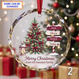 Personalized Christmas Glass Ornament, Custom Holiday Tree Keepsake With Wooden Name Signs, Snowy Evergreen Branches & Festive Decor - thumbnail 2