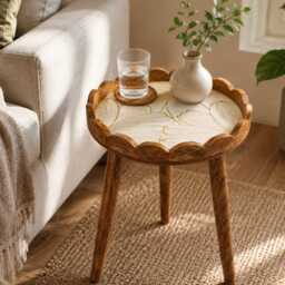 Handmade Mango Wood Side Table Scalloped Tray Top Embossed Golden Ivory Pattern