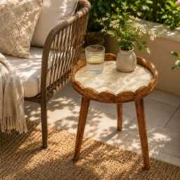Handmade Mango Wood Side Table Scalloped Tray Top Embossed Golden Ivory Pattern - thumbnail 3