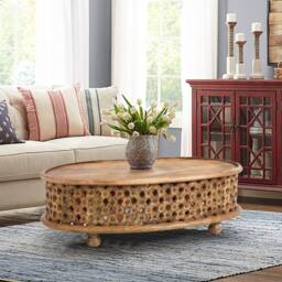 Hand Carved Mango Wood Coffee Table Indian Rosette Design - thumbnail 2