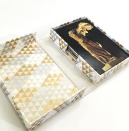 Holiday Photo Box, Portfolio Postcard Ivory Gold Gray & White, Triangle Patterns Clam Shell For 4x6 Or 5x7 Photos