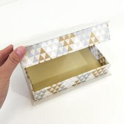 Holiday Photo Box, Portfolio Postcard Ivory Gold Gray & White, Triangle Patterns Clam Shell For 4x6 Or 5x7 Photos - thumbnail 3