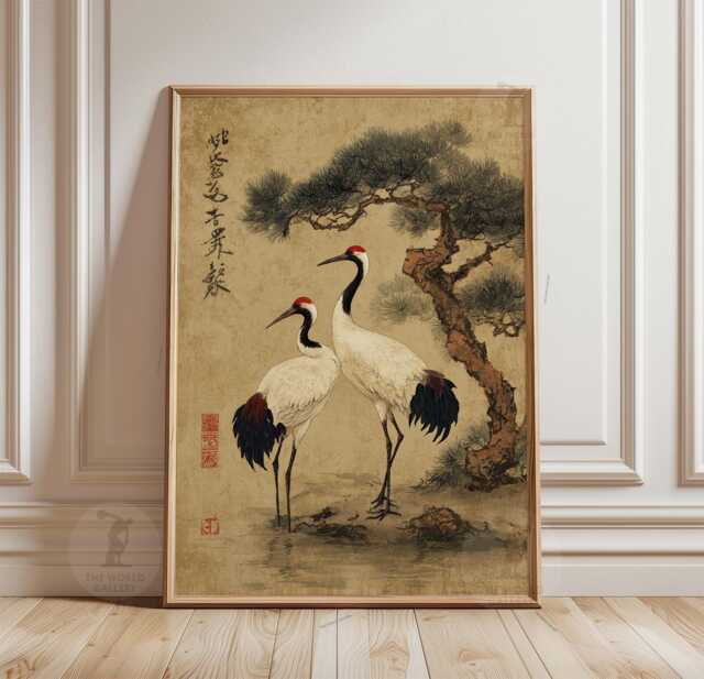 Beige Crane Poster - Japanese Pine Tree Wall Art Vintage Asian Bird Illustration - image 1