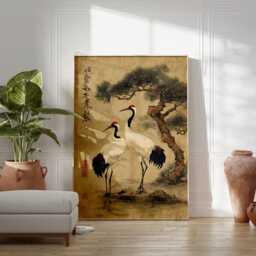 Beige Crane Poster - Japanese Pine Tree Wall Art Vintage Asian Bird Illustration - thumbnail 3