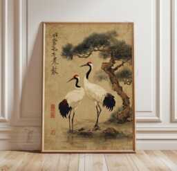 Beige Crane Poster - Japanese Pine Tree Wall Art Vintage Asian Bird Illustration - thumbnail 1