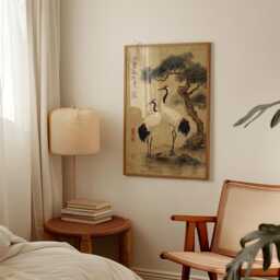 Beige Crane Poster - Japanese Pine Tree Wall Art Vintage Asian Bird Illustration - thumbnail 2