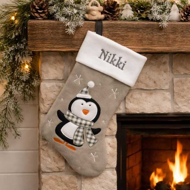 Personalised Silver Penguin Deluxe Christmas Stocking, Personalized Gift, Personalised Grey Stocking - image 1
