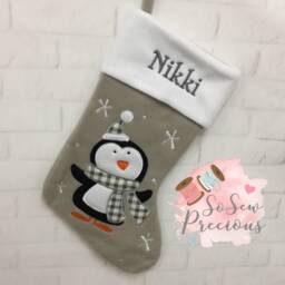 Personalised Silver Penguin Deluxe Christmas Stocking, Personalized Gift, Personalised Grey Stocking - thumbnail 2