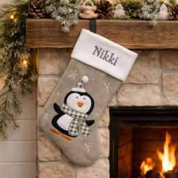 Personalised Silver Penguin Deluxe Christmas Stocking, Personalized Gift, Personalised Grey Stocking