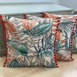 Tropical Palm Leaf Linen Cushion Cover With Pompom Trim - thumbnail 2