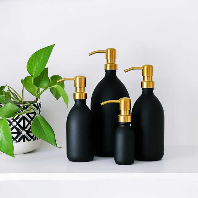 Matt Black Glass Bottle With Gold Brass Metal Pump Dispenser - Choice Of Sizes Refillable Reusable Kitchen & Bathroom Soap - image 1