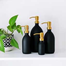 Matt Black Glass Bottle With Gold Brass Metal Pump Dispenser - Choice Of Sizes Refillable Reusable Kitchen & Bathroom Soap - thumbnail 1
