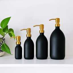Matt Black Glass Bottle With Gold Brass Metal Pump Dispenser - Choice Of Sizes Refillable Reusable Kitchen & Bathroom Soap - thumbnail 3