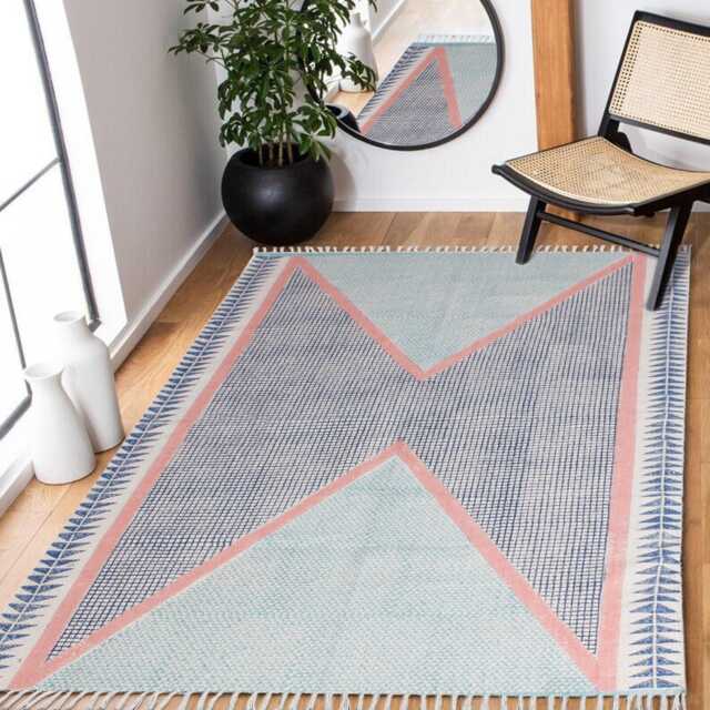 Handmade Cotton Dhurrie Rug, Geometric Block Print, 9x12 Ft - image 1