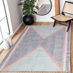Handmade Cotton Dhurrie Rug, Geometric Block Print, 9x12 Ft - thumbnail 1