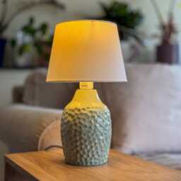 Handmade Turquoise Ceramic Table Lamp - Textured Glaze, Cotton Shade - thumbnail 2