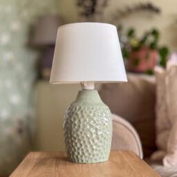 Handmade Turquoise Ceramic Table Lamp - Textured Glaze, Cotton Shade