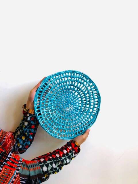 Handmade Turquoise Ceramic Wall Bowl, Modern Art Sculpture, 14 Inch - image 1