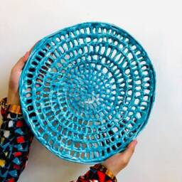Handmade Turquoise Ceramic Wall Bowl, Modern Art Sculpture, 14 Inch - thumbnail 3