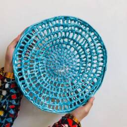 Handmade Turquoise Ceramic Wall Bowl, Modern Art Sculpture, 14 Inch - thumbnail 2