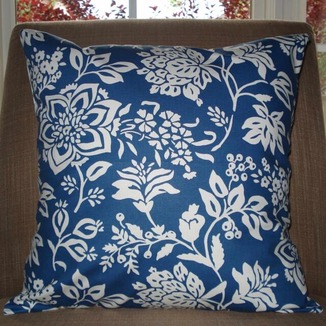 New 18x18 Inch Designer Handmade Pillow Casein Ink Blue Floral