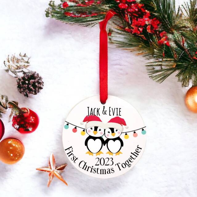 Personalised First Christmas Bauble , New Couple Gift Penguin Ornament First Together Bauble - image 1