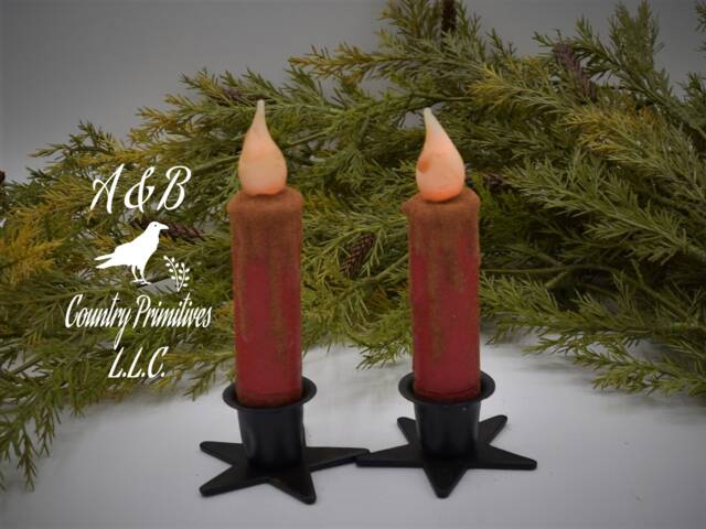 Set Of - 2 Two Red Grungy - 4 Inch Led Wax Dipped Battery Operated Flameless Timer Taper Candles, Country Primitive Home Decor - image 1