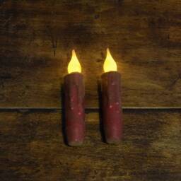 Set Of - 2 Two Red Grungy - 4 Inch Led Wax Dipped Battery Operated Flameless Timer Taper Candles, Country Primitive Home Decor - thumbnail 3