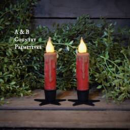 Set Of - 2 Two Red Grungy - 4 Inch Led Wax Dipped Battery Operated Flameless Timer Taper Candles, Country Primitive Home Decor - thumbnail 2