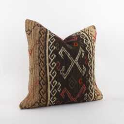 Vintage Turkish Kilim Pillow Cover, Wool Bohemian Cushion - 20''x20'' - thumbnail 3