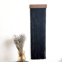 Black Fiber Art Wall Hanging Boho Yarn Tapestry With Wood