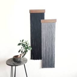 Black Fiber Art Wall Hanging Boho Yarn Tapestry With Wood - thumbnail 2