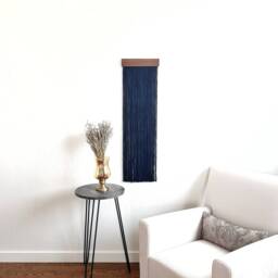 Black Fiber Art Wall Hanging Boho Yarn Tapestry With Wood - thumbnail 3