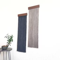 Black Fiber Art Wall Hanging Boho Yarn Tapestry With Wood - thumbnail 4