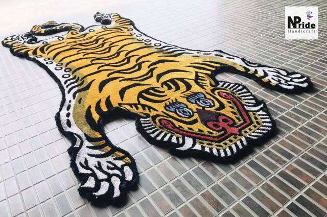 Tibetan Tiger Gold Silk Rug Handknotted 3 Sizes Nepal - Buddhist Luxury Animal Print Carpet - image 1