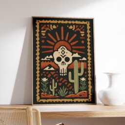 Desert Skull Art Print, Southwestern Boho Wall Poster, Cactus & Sunrise Illustration, Rustic Western Decor - thumbnail 2