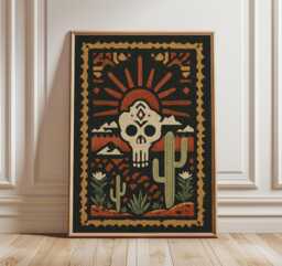 Desert Skull Art Print, Southwestern Boho Wall Poster, Cactus & Sunrise Illustration, Rustic Western Decor - thumbnail 1