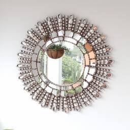 Peruvian Silver Eye Mirror 60 cm Handmade Wall Decor - Carved Wood Round Statement For Living Room Bathroom