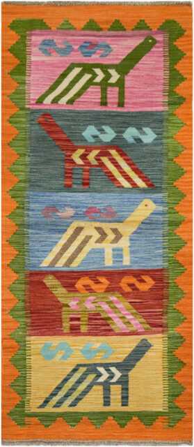Handwoven Turkish Kilim Rug Colorful Animal Print, Boho Home Decor - 171x71cm - image 1