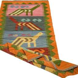 Handwoven Turkish Kilim Rug Colorful Animal Print, Boho Home Decor - 171x71cm - thumbnail 3